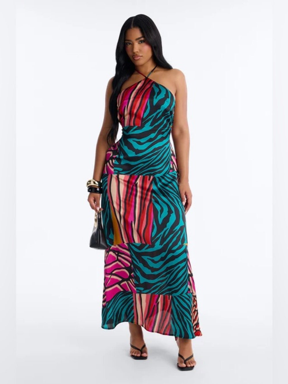 Fashion Nova Multicolor Zebra-Stripe Halter Satin Maxi Dress
